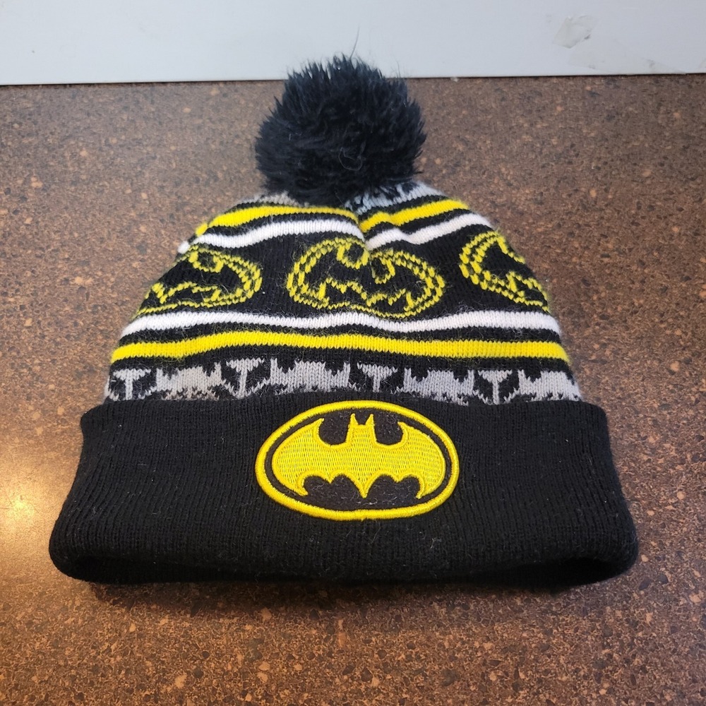 Batman DC Comics Beanie Hat Unisex Black Yellow Knit Cuffed Pach Logo with Pom